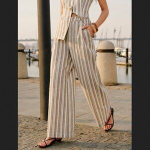 Commense Beige and White Striped Wide Leg Pants